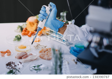 Chemical Laboratory of the Food supply . Food in laboratory, dna modify .GMO Genetically modified food in lab . Chemical Laboratory of the Food supply . Food in laboratory, dna modify .GMO Genetically modified food in lab . 138390787