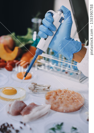Chemical Laboratory of the Food supply . Food in laboratory, dna modify .GMO Genetically modified food in lab . Chemical Laboratory of the Food supply . Food in laboratory, dna modify .GMO Genetically modified food in lab . 138390788