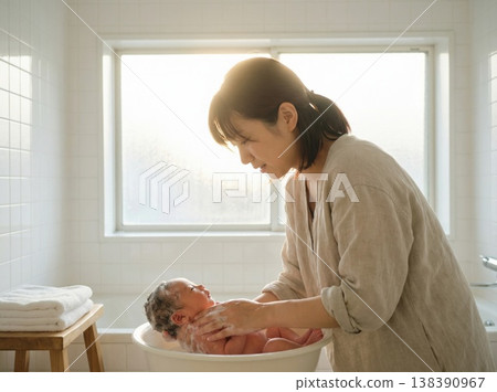 一位日本母親正在溫柔地幫寶寶洗澡，為她泡泡泡浴。 138390967