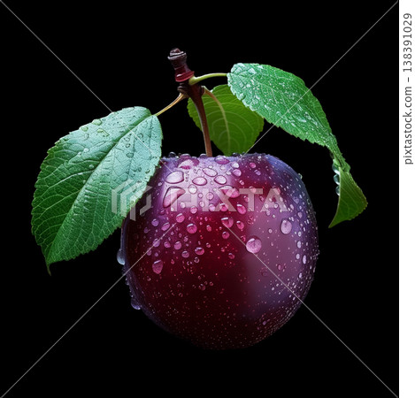Ripe plum covered with water droplets and green leaves isolated on black background with clipping path, concept of freshness 138391029