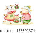 Happy watercolor baby lamb and goat enjoy their Christmas gifts isolated illustration. Cute cartoon animal characters in winter clothes for Happy New year greeting cards and holiday scenes 138391374