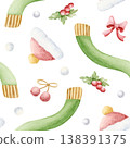 Watercolor cozy winter scarf, Santa hat and pompoms simple seamless pattern on white. Christmas hand drawn clothes background in traditional red and green colors and simple cartoon style 138391375