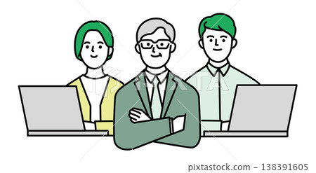 An older businessman who is satisfied with employees working on computers. 138391605