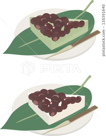 水無月(白茶和抹茶)日式點心插圖 | 六月及夏季淨化儀式的三角形點心 水無月(白茶和抹茶)日式點心插圖 | 六月及夏季淨化儀式的三角形點心 138391640