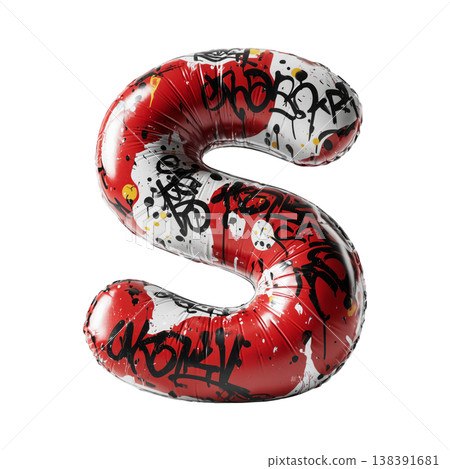 Inflatable letter S covered in graffiti art isolated on white background, representing urban creativity and bold street concept Inflatable letter S covered in graffiti art isolated on white background, representing urban creativity and bold street concept 138391681