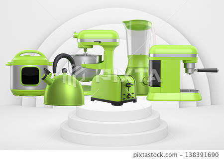 Set of kitchen appliances including mixer, toaster, blender, and coffee maker on white colorful podium and background Set of kitchen appliances including mixer, toaster, blender, and coffee maker on white colorful podium and background 138391690