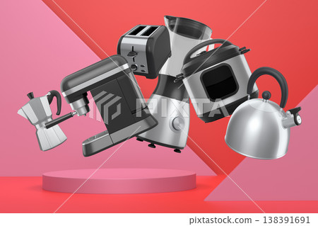 Set of kitchen appliances including mixer, toaster, blender, and coffee maker on white colorful podium and background Set of kitchen appliances including mixer, toaster, blender, and coffee maker on white colorful podium and background 138391691