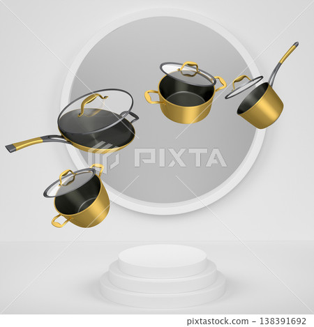 Set of kitchen cookware set with lids floating in midair, over colorfull podium and backdrop, concept of premium utensils Set of kitchen cookware set with lids floating in midair, over colorfull podium and backdrop, concept of premium utensils 138391692