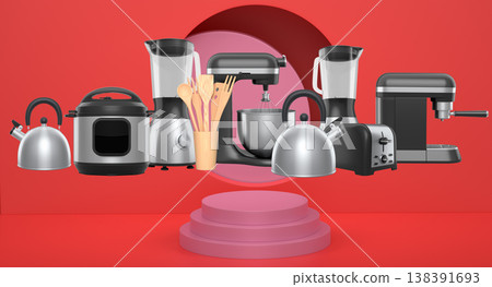 Set of kitchen appliances including mixer, toaster, blender, and coffee maker on white colorful podium and background 138391693