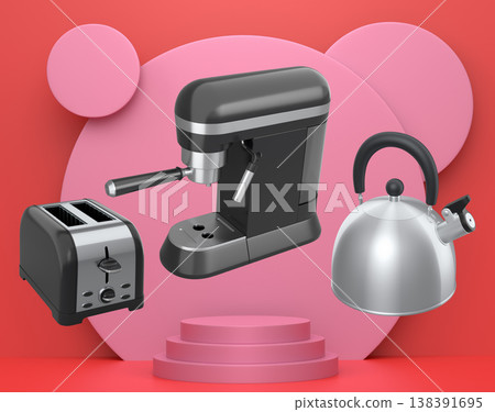 Assorted kitchen appliances including toaster, kettle and coffee maker over podium on abstract background Assorted kitchen appliances including toaster, kettle and coffee maker over podium on abstract background 138391695