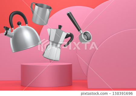 Set of kettle, moka pot and portafilter with black handles floating above pedestal and abstract minimal abstract background, 138391696