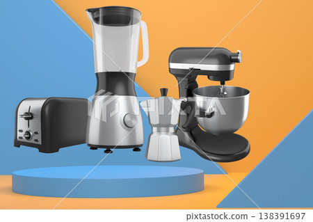 Set of kitchen appliances and utensils floating in mid-air over podium and abstract background, modern cooking concepts 138391697