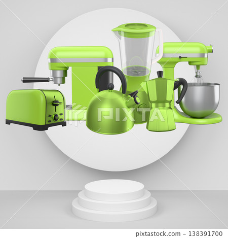 Set of kitchen appliances and utensils floating in mid-air over podium and abstract background, modern cooking concepts 138391700