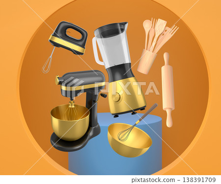 Set of kitchen appliances and utensils floating on podium with abstract background, symbolizing cooking tools 138391709