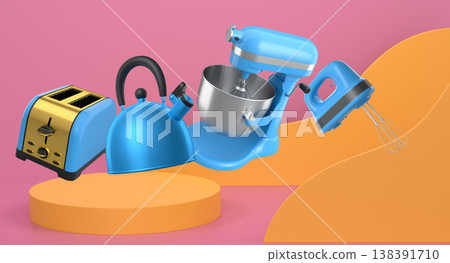Set of kitchen appliances and utensils floating in mid-air over podium and abstract background, modern cooking concepts 138391710