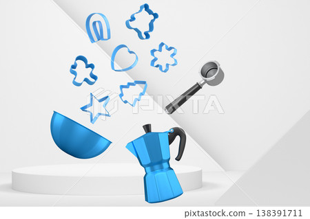 Set of kitchen tools including moka pot, bowl and cookie cutters float above pedestal and abstract background. Set of kitchen tools including moka pot, bowl and cookie cutters float above pedestal and abstract background. 138391711