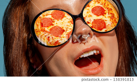 Woman with pizza reflected in sunglasses reacting surprised close up portrait. Woman with pizza reflected in sunglasses reacting surprised close up portrait. 138391813