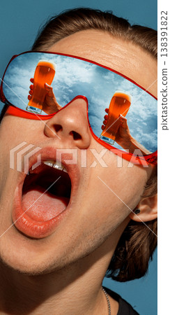 Close up man in red sunglasses with beer glasses reflected in lenses reacting surprised Close up man in red sunglasses with beer glasses reflected in lenses reacting surprised 138391822