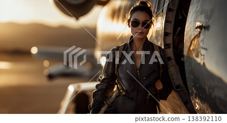 Sunrise scene showing pilot in gear with crew activity behind during highcontrast shoot 138392110