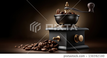 Vintage coffee scene. Retro grinder set amidst coffee beans with warm lighting and textures Vintage coffee scene. Retro grinder set amidst coffee beans with warm lighting and textures 138392180