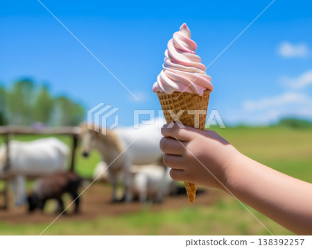 一個軟冰淇淋甜筒，背景是藍天。 138392257