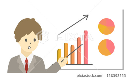 A set of illustrations (warm colors) featuring a man and graphs explaining changes in business performance and sales trends (increases). A set of illustrations (warm colors) featuring a man and graphs explaining changes in business performance and sales trends (increases). 138392533