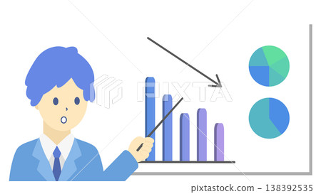 A set of illustrations (cool colors) featuring a man and a graph explaining sales trends (decline) in business data analysis. 138392535