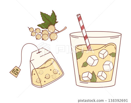 White Currant Iced Tea Set. Glass of Cold Cocktail with Ice and Straw, Tea Bag and Berry Branch. Isolated Botanical Summer Drink on White. Vector Illustration. White Currant Iced Tea Set. Glass of Cold Cocktail with Ice and Straw, Tea Bag and Berry Branch. Isolated Botanical Summer Drink on White. Vector Illustration. 138392691