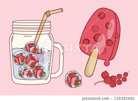 Red Currant Summer Dessert Set. Mason Jar with Berry Drink Ice Cubes and Popsicle. Eco Natural Fruit Treats. Isolated Vector Illustration. 138392692