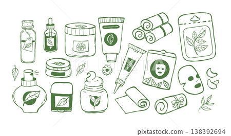 Eco Cosmetic, Skincare and Spa Doodle Set. Green Outline Bottles, Jars, Perfume, Cream, Oil, Tube, Face Mask, Oil, Deodorant and Towel, Beauty Accessories. Isolated hand-drawn. Vector Illustration. Eco Cosmetic, Skincare and Spa Doodle Set. Green Outline Bottles, Jars, Perfume, Cream, Oil, Tube, Face Mask, Oil, Deodorant and Towel, Beauty Accessories. Isolated hand-drawn. Vector Illustration. 138392694