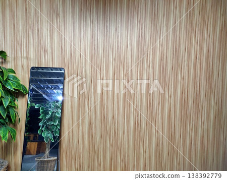 Mirror and plant reflections blend with wood textures calm, natural symmetry in indoor serenity. Mirror and plant reflections blend with wood textures calm, natural symmetry in indoor serenity. 138392779
