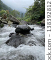 Crystal-clear river flowing over smooth rocks, framed by lush forest and misty mountain views. 138392812