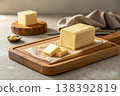 Fresh butter block on wooden board with sliced pieces in natural light 138392819