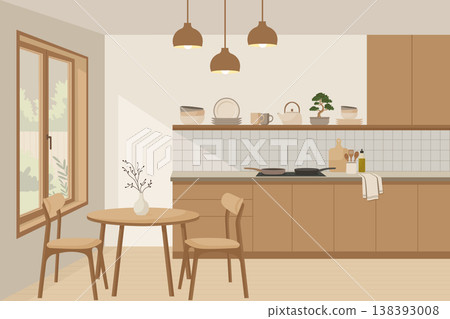 Japandi home decor with wooden kitchen cabinets and round table vector illustration. Japandi home decor with wooden kitchen cabinets and round table vector illustration. 138393008