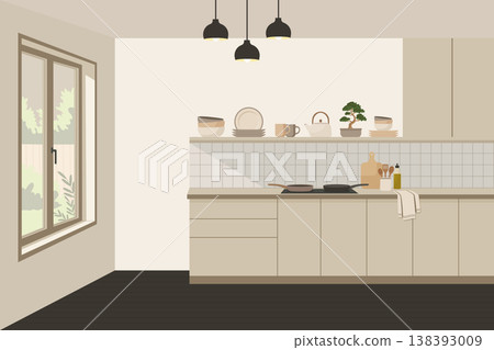 Modern kitchen interior with window and furniture in japandi style vector illustration. Modern kitchen interior with window and furniture in japandi style vector illustration. 138393009
