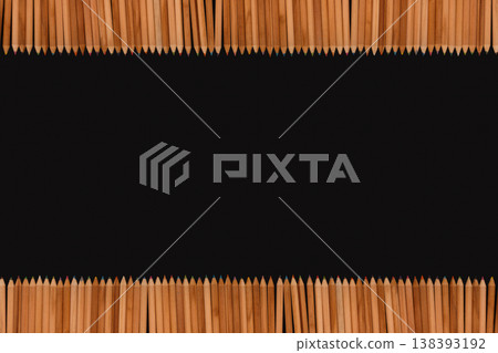 Frame made of set of professional color wooden pencils for drawing stacked on black background, flat lay, top view, nobody, copy space Frame made of set of professional color wooden pencils for drawing stacked on black background, flat lay, top view, nobody, copy space 138393192