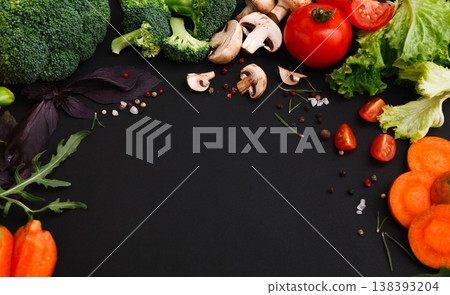 Healthy food background, fresh vegetables. Cooking ingredients for italian cuisine, top view on black, copy space Healthy food background, fresh vegetables. Cooking ingredients for italian cuisine, top view on black, copy space 138393204