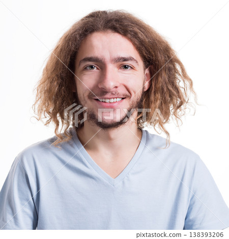 Calm confidence. Man with happy facial expression staring direct to camera on white isolated studio background Calm confidence. Man with happy facial expression staring direct to camera on white isolated studio background 138393206