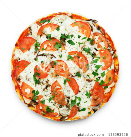 Delicious pizza with mushrooms, tomatoes and chicken meat - thin pastry crust isolated at white background. Italian food. Top view 138393336