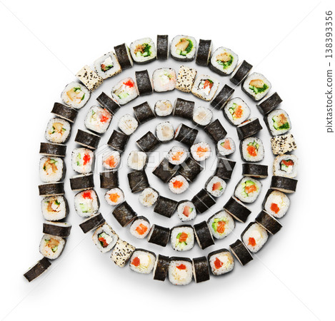Japanese food restaurant, sushi maki gunkan roll plate or platter set. Maki Sushi rolls with salmon and avocado. Sushi isolated at white background. Top view, flat lay. Japanese food restaurant, sushi maki gunkan roll plate or platter set. Maki Sushi rolls with salmon and avocado. Sushi isolated at white background. Top view, flat lay. 138393356