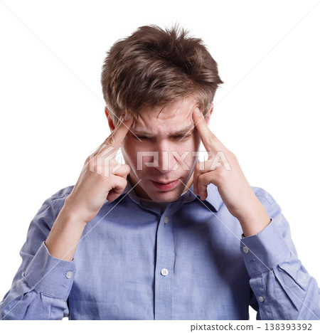 Feeling exhausted. Man suffering from headache, holding hands on temples on white isolated studio background 138393392