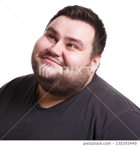 Dreaming. Fat man with pensive thoughtful face looking away, thinking about something on white isolated studio background, portrait 138393449