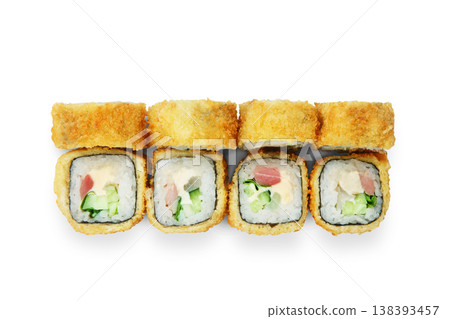 Japanese food restaurant delivery - tempura sushi rolls california with fish, avocado and cheese isolated at white background. Sushi rolls top view, flat lay. Japanese food restaurant delivery - tempura sushi rolls california with fish, avocado and cheese isolated at white background. Sushi rolls top view, flat lay. 138393457