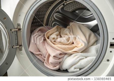 Laundry inside washing machine drum with soft towels and clean fabric 138393465