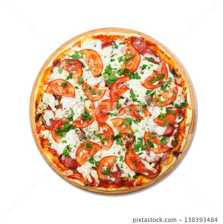 Delicious pizza with mushrooms and smoked chicken meat - thin pastry crust at round wooden desk, isolated at white background. Italian food,Top view. Delicious pizza with mushrooms and smoked chicken meat - thin pastry crust at round wooden desk, isolated at white background. Italian food,Top view. 138393484
