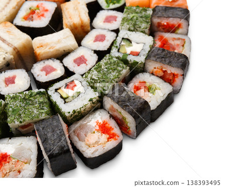 Sushi platter closeup isolated on white background. Japanese food restaurant delivery - maki, cheese and california rolls set placed in circle Sushi platter closeup isolated on white background. Japanese food restaurant delivery - maki, cheese and california rolls set placed in circle 138393495
