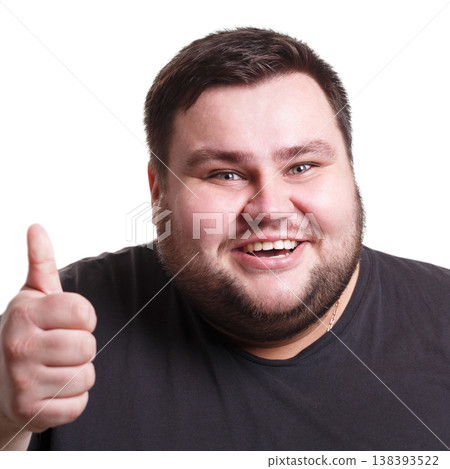Good work. Happy fat man with thumb-up gesture smiling to camera on white isolated studio background Good work. Happy fat man with thumb-up gesture smiling to camera on white isolated studio background 138393522