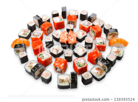 Japanese food restaurant delivery - sushi maki california roll big party platter set isolated on white background Japanese food restaurant delivery - sushi maki california roll big party platter set isolated on white background 138393524