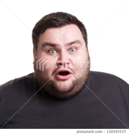 Shocking news. Surprised fat man expressing amaze on face, standing on white isolated background, studio shot Shocking news. Surprised fat man expressing amaze on face, standing on white isolated background, studio shot 138393537