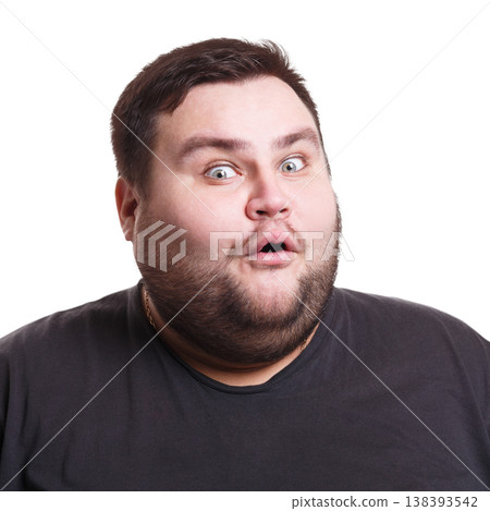 Shocking news. Surprised fat man expressing amaze on face, standing on white isolated background, studio shot 138393542